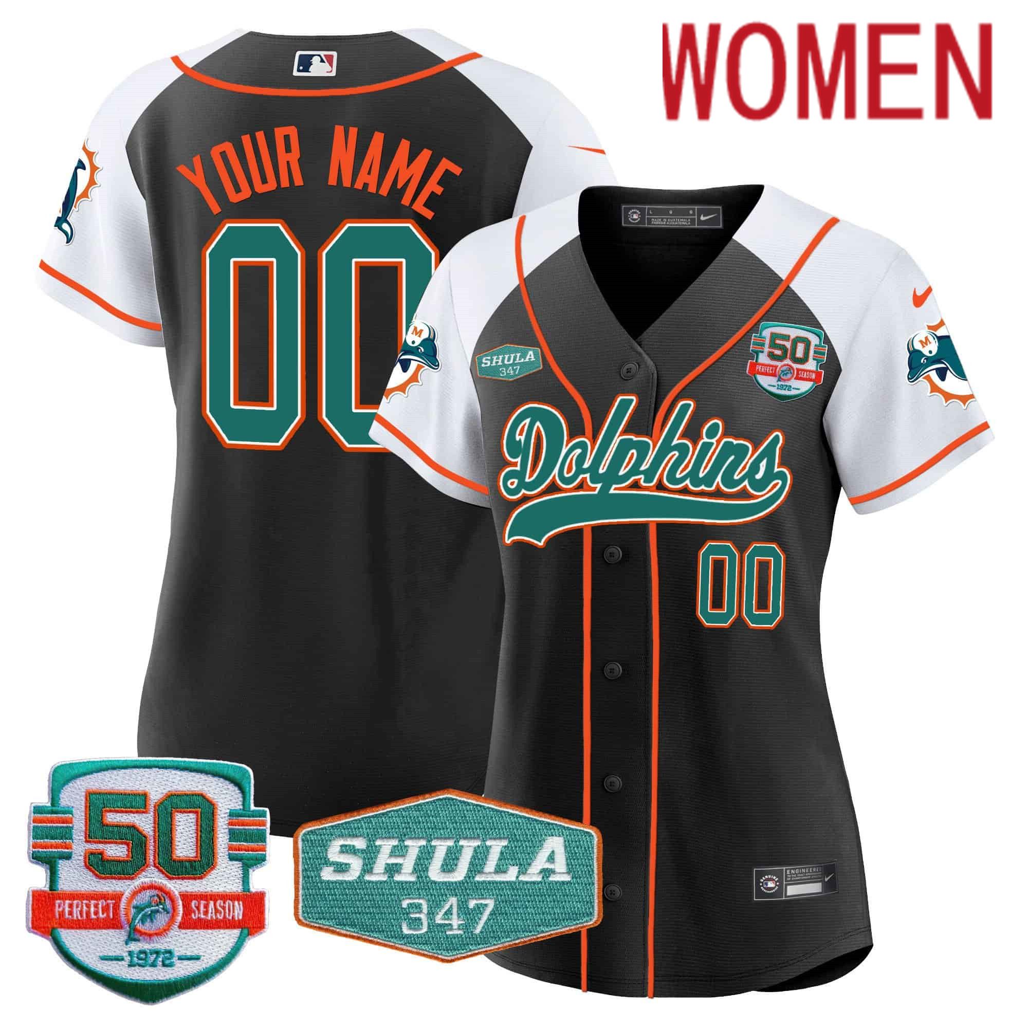 Women Miami Dolphins Black 2024 Nike 50th Don Shula Memorial Patch Baseball Custom NFL Jersey->customized nfl jersey->Custom Jersey